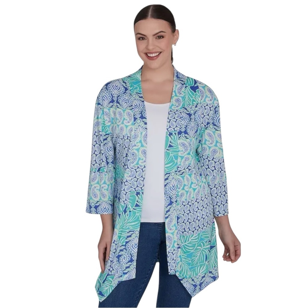 Ruby Rd. Open-Front Printed Cardigan in Teal & Blue - Picture 2 of 7